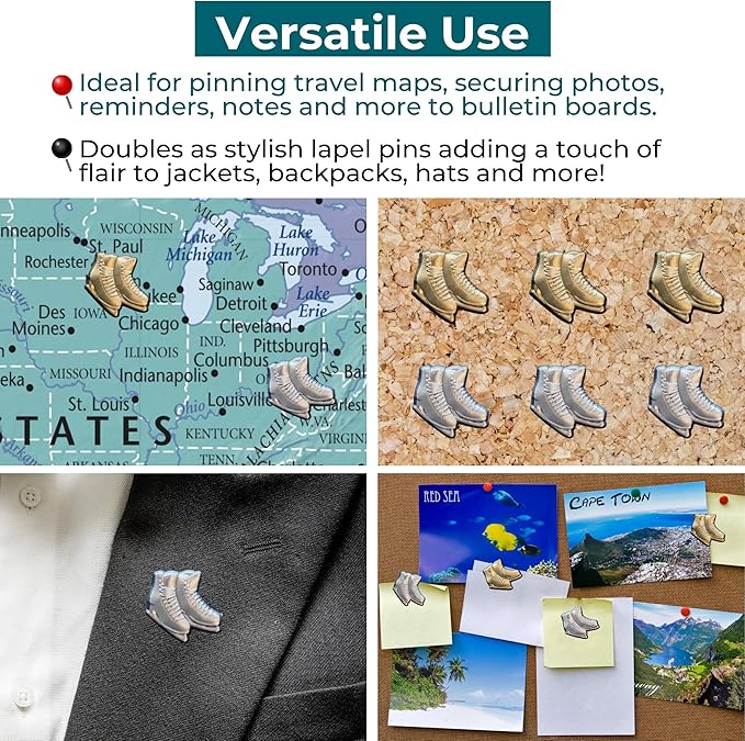 Ice Skates Push Pins - Silver Ice Skates Map Pins for Cork Boards, Maps, or Lapel Use - Designed in USA - Set of 4