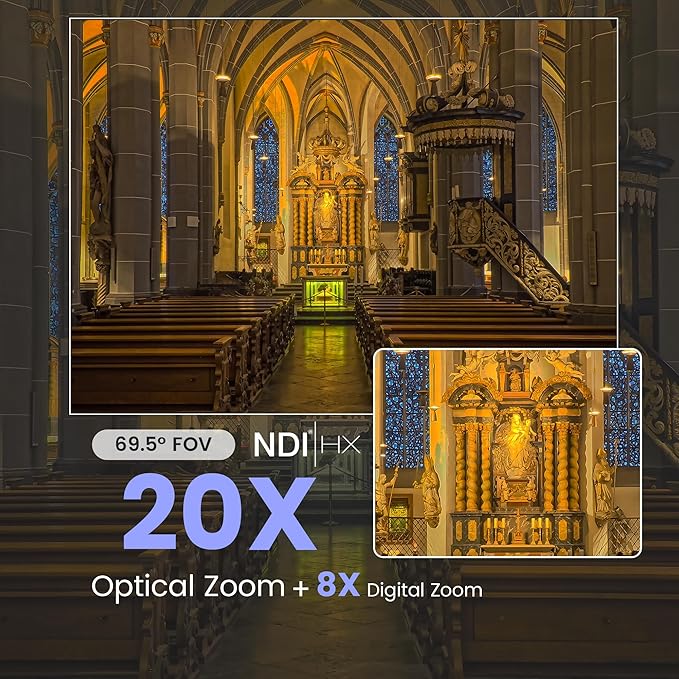 iuZee AI Auto Tracking NDI PTZ Camera 3G-SDI/USB3.0/HDMI/LAN IP PoE IP Live Streaming 20X Optical and 8X Digital Zoom Camera 1080P 60FPS for Church Services Worship Education Events vMix OBS YouTube