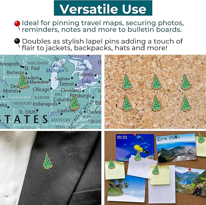 Pine Tree Push Pins - Pine Tree Map Pins for Cork Boards, Maps, or Lapel Use - Designed in USA - Set of 20