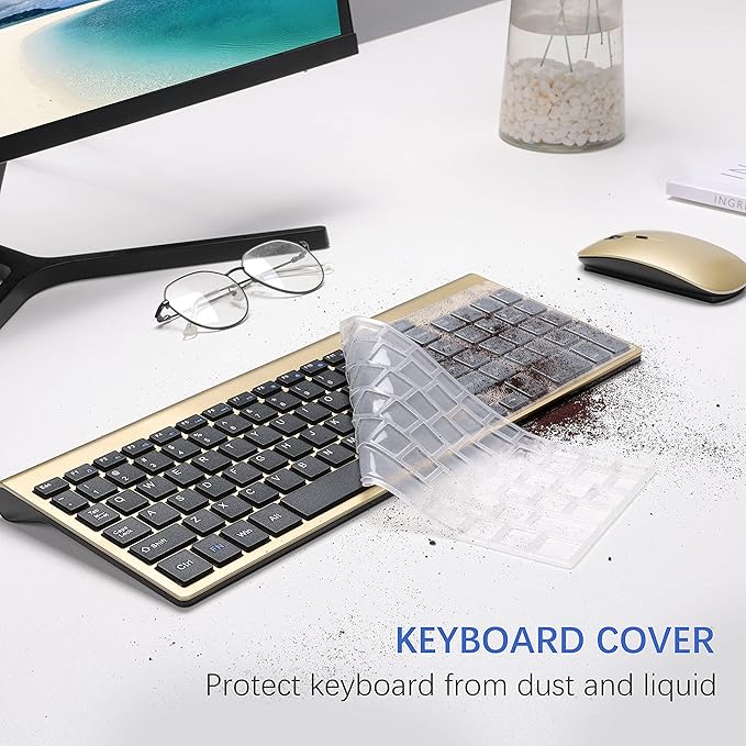 Wireless Keyboard and Mouse Ultra Slim Combo, TopMate 2.4G Silent Compact USB 2400DPI Mouse and Scissor Switch Keyboard Set with Cover, Batteries Included, for PC/Laptop/Windows/Mac - Gold Black