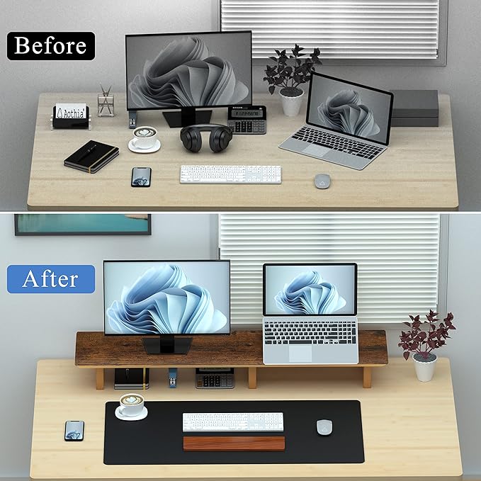 Large Dual Monitor Stand Riser - Solid Wood Desk Shelf with Eco Cork Legs for Laptop Computer/TV/PC/Printers, Perfect Desktop Stands Organizer with Underneath Storage for Office Accessories,Vintage