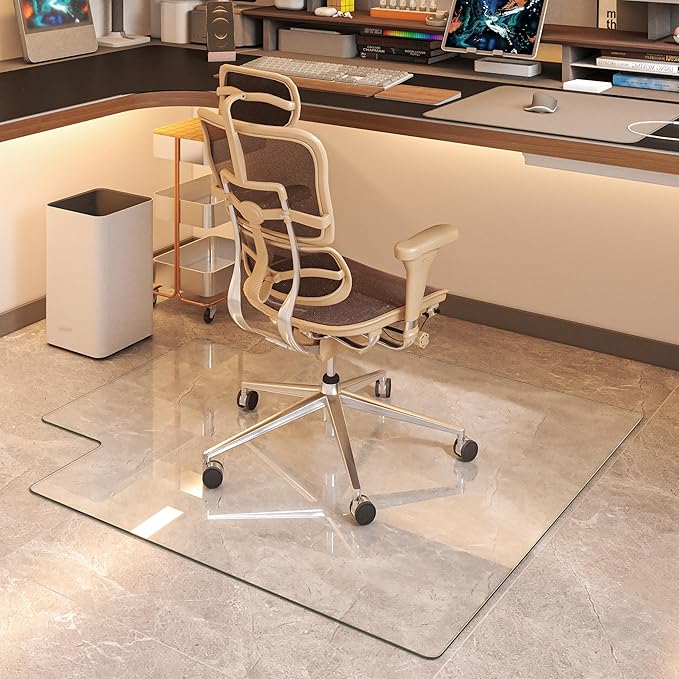 [Tempered Glass] 55“x48” Irregular Glass Chair Mat with Polished Edge Clear Office Chair Mat, Glides Smoothly, Suitable for Carpet or Hardwood Floors