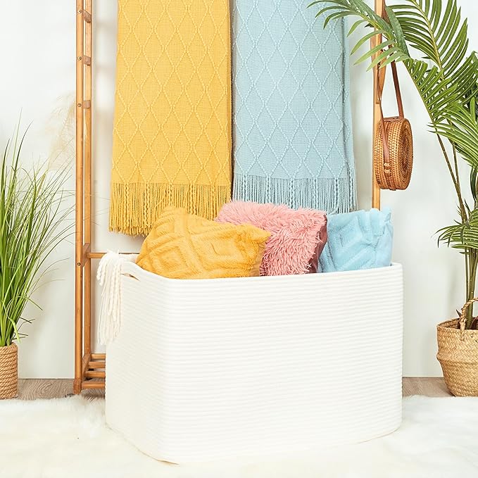 MINTWOOD Design 112L Extra Large Blanket Basket Holder Living Room, 25"x17"x16" Rectangle Rope Woven Storage Basket with Handles for Laundry, Towels, Shoes, Dog Toy Organizer Bin Box, Creamy White