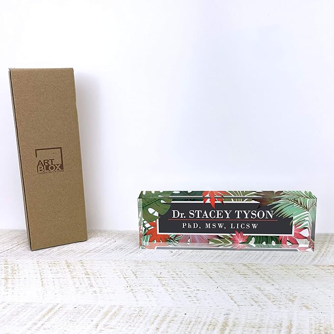 Artblox Personalized Name Plate for Desk | Leaf Flowers Design On Clear Acrylic Glass | Custom Desk Name Plate Personalized with Your Name and Credentials for Teacher Phd Military Office Name Plate