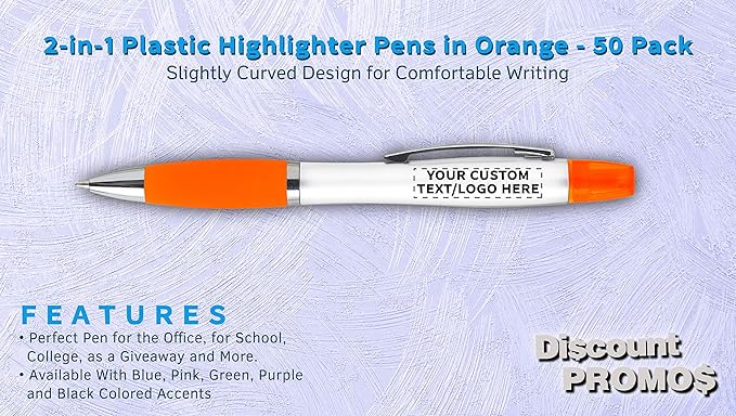 DISCOUNT PROMOS Personalized Plastic Highlighter Pens - 50 pack - Customizable Text, Logo - Orange