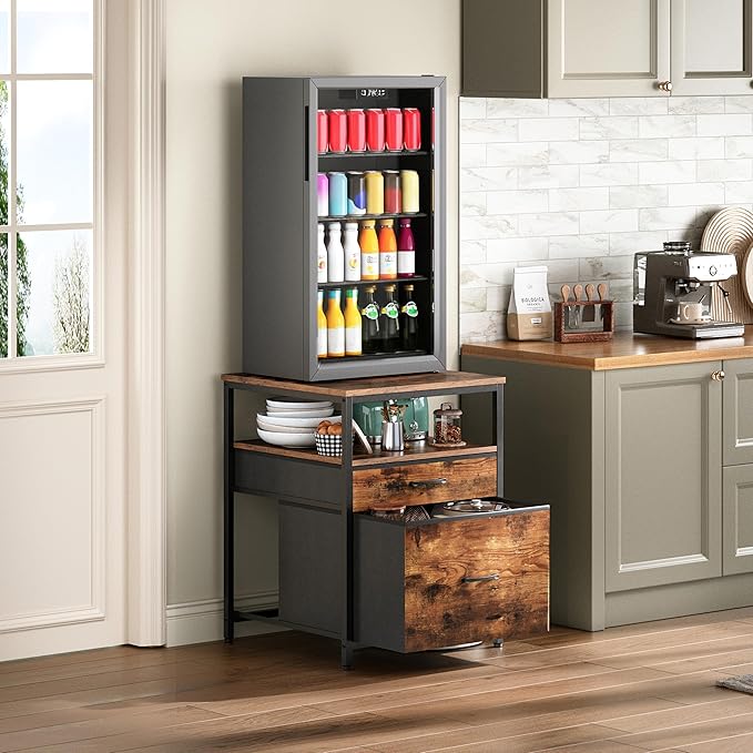 Mini Fridge Stand with 3 Storage, Mini Fridge Cabinet, Beverage Fridge Table, Heavy Duty 21.3" L* 22.7" W Tabletop, for Dorm, Apartment,Office, Bedroom Rustic Brown HB01BXN