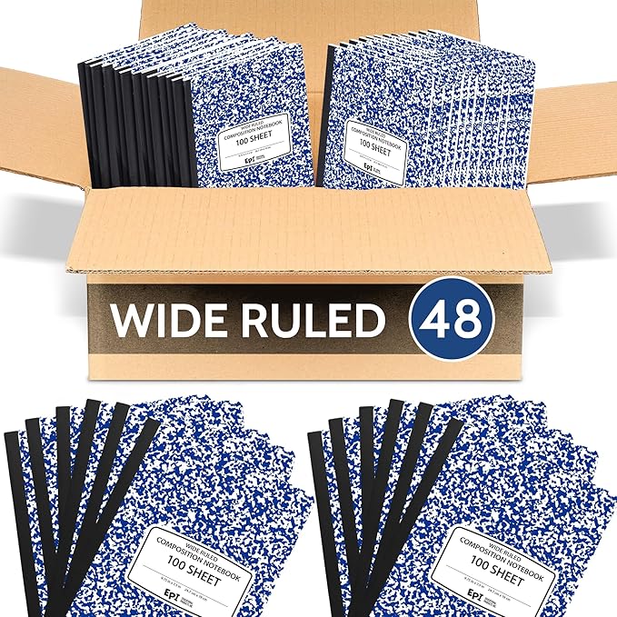 EPI 48 Pack - Blue Marble Composition Notebook - Wide Ruled 200 Page Note Book - 9.75 x 7.5 Inch Hardcover Journal with Sewn Binding for Secure Pages - Classroom Back To School Supplies