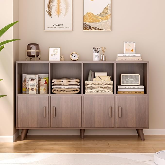 Cubby Shelf Bookcase with Doors - Wooden 8 Cubes Floor Standing Open Bookshelf with Solid Wood Legs, 2-Tier Low Storage Cabinet, Walnut