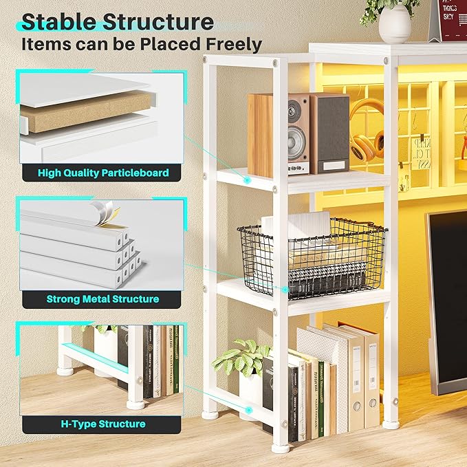 REIBII Desk Shelf with LED Light Strip,Adjustable 45.1" Desk Hutch Dorm with 5 Tier Display Shelf Rack,Desktop Bookshelf with Grid Panel & Hooks for Home, Office and Dorm, White