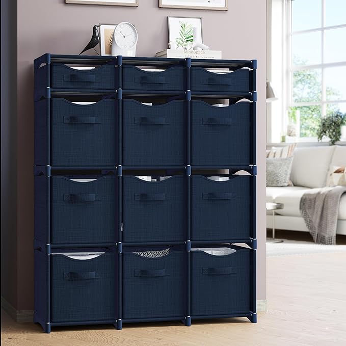 12 Cube Closet Organizers And Storage | Includes All Storage Cube Bins | Easy To Assemble Closet Storage Unit With Drawers | Room Organizer For Clothes, Baby Closet Bedroom, Playroom, Dorm (Navy)