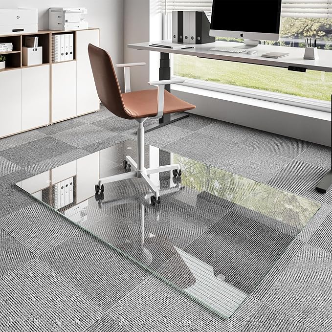 Koonmi Glass Chair Mat for Carpet, 36"x55" Office Chair Mat, Tempered Glass Chair Mat with Rounded and Polished Edges, Non-Slip Pads, Glass Floor Mat for Hardwood Floor, Carpet