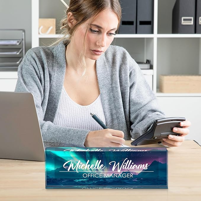 Personalized Name Plate for Desk, Custom Desk Name Plate, Acrylic Name Plate Office Desk Accessories, Personalized Office Gifts for Coworkers Teachers, Employee Appreciation Gifts (Blue Aurora)