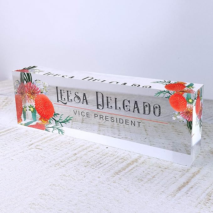 Artblox Office Desk Name Plate Personalized | Custom Name Plates for Desks | Autumn Flowers Design On Clear Acrylic Glass | Office Desk Decor - (8" x 2.5")