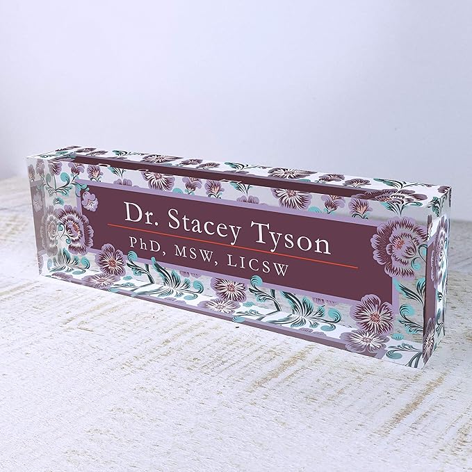 Artblox Personalized Name Plate for Desk | Vintage Design On Clear Acrylic Glass | Custom Plaque Desk Name Plate Personalized Your Name and Credentials Office Office Sign Engraved Plaque