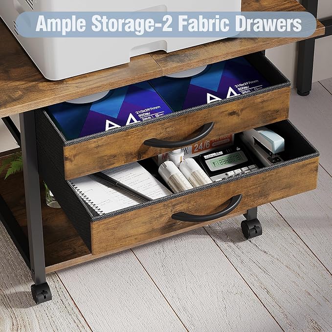 Large Printer Stand with Storage Fabric Drawer Under Desk Printer Table with Wheels for Home Office, Printer Cart fit Fax Machine Scanner 23.4"x15.7"(Rustic Brown, 2 Tiers)