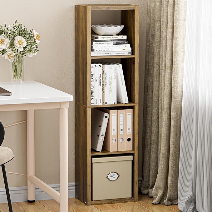 Cube Storage Organizer Bookcase, Small 4 Tier 11 inch Open Back Cubical Shelf with Thickened Border, Display Bookshelf for Living Room, Home Office, Sturdy Room (Brown, 4 Cube,Vertical)