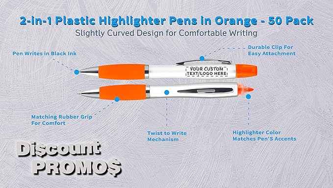 DISCOUNT PROMOS Personalized Plastic Highlighter Pens - 50 pack - Customizable Text, Logo - Orange