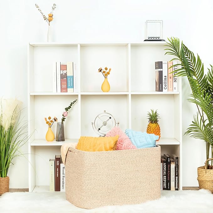 MINTWOOD Design 112L Extra Large Blanket Basket Holder Living Room, 25"x17"x16" Rectangle Rope Woven Storage Basket with Handles for Laundry, Towels, Shoes, Dog Toy Organizer Bin Box, Oatmeal Brown