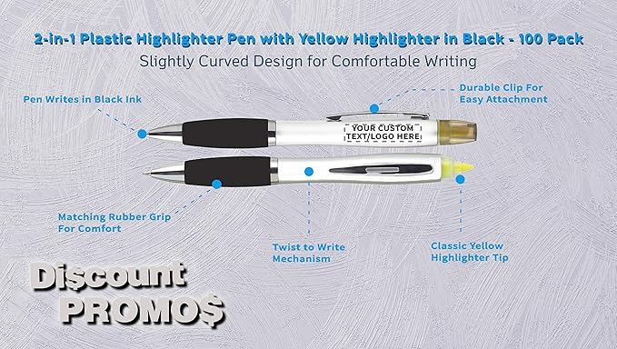 DISCOUNT PROMOS Personalized Plastic Highlighter Pens - 100 pack - Customizable Text, Logo - Black