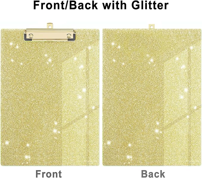 Glitter Acrylic Clipboard Decorative Standard A4 Letter Size 12.2" x 8.7", Fashion Bling Clip Boards with Designed Low Profile Gold Clip for Classroom Office - Gold
