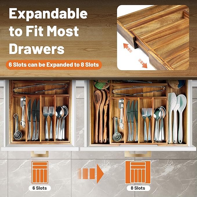 Acacia Wood Expandable Silverware Organizer, Kitchen Utensil Drawer Organizer for Forks & Spoons, 8-Compartment Cutlery Tray, Flatware Holder