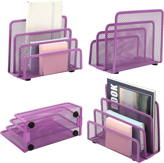 EASEPRES Desk Mail Organizer, Office Small Desktop Metal Mesh Envelope Letter Sorter Paper File Holder Organizer with 3 Vertical Upright Compartments, Purple 2 Pack