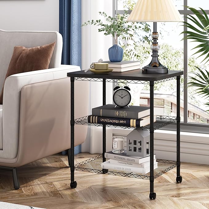Printer Stand with Locking Wheels, Adjustable Heights 3 Tier Under Desk Table, Rolling Printer Cart Storage Paper Files Holder for Desk, Office, Home, Black