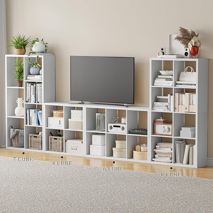Cube Storage Organizer Bookcase, Decorative 11 inch Open Back Cubical Shelf with Thickened Border, Display Bookshelf for Living Room, Home Office, Sturdy Room (White, 6 Cube)