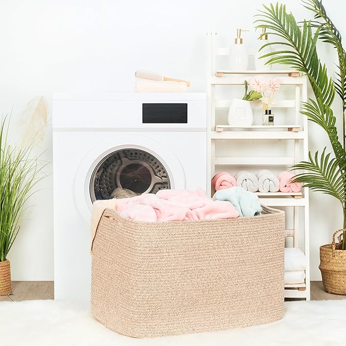 MINTWOOD Design 112L Extra Large Blanket Basket Holder Living Room, 25"x17"x16" Rectangle Rope Woven Storage Basket with Handles for Laundry, Towels, Shoes, Dog Toy Organizer Bin Box, Oatmeal Brown