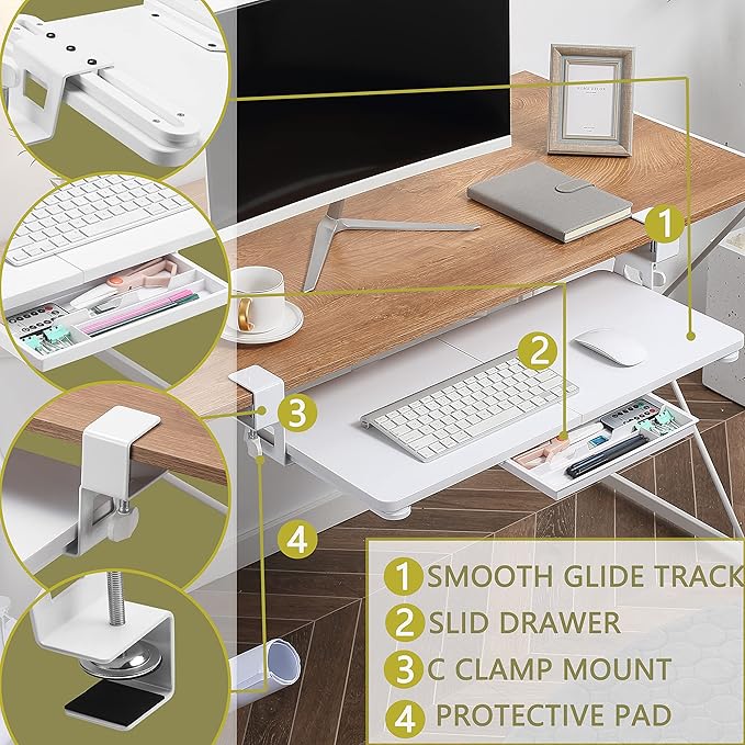 ETHU Keyboard Tray Under Desk, 26.77" X 11.81" Large Size Keyboard Tray with C Clamp-on Mount Easy to Install, Computer Keyboard Stand, Ergonomic Keyboard Tray for Home and Office(White)
