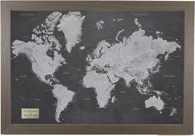 Personalized Stormy Dreams World Travel Map with Barnwood Gray Frame