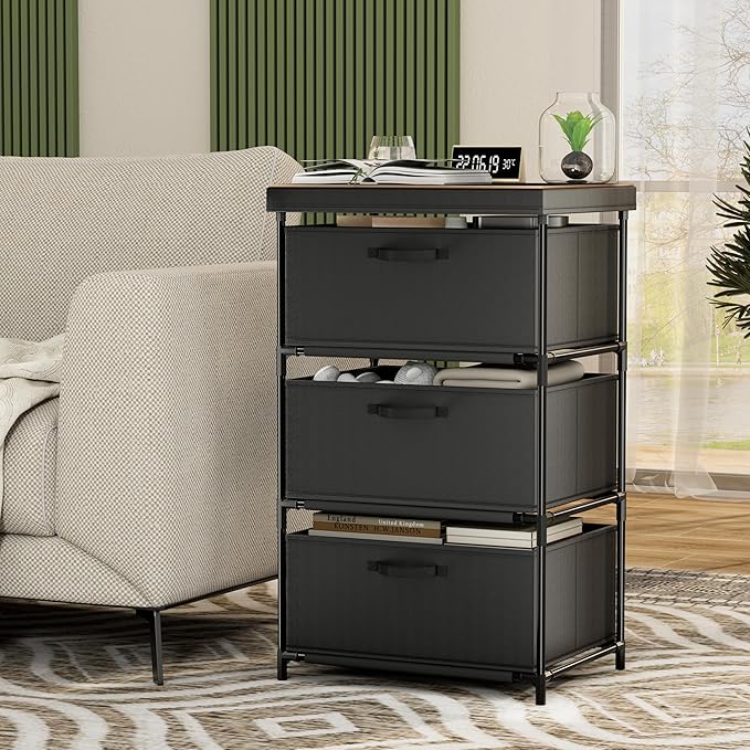 Dresser with 3 Fabric Drawer Stand Desktop Sturdy Metal Plastic Support Tube Cube Storage Cabinet for Bedroom Organization Dorm Front Hall Entryway