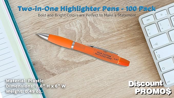 DISCOUNT PROMOS Personalized Two in one Highlighter Pens - 100 pack - Plastic Pens - Customizable Text, Logo - Orange