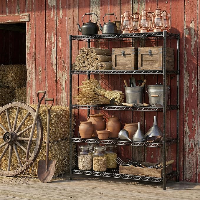 5 Tiers Shelf Metal Storage Shelves Standing 1750 LBs Household Shelf Organizer for Kitchen Pantry Closet Garage Basement Utility Room, Black15.7 D x 45.3" W x 70.4" H