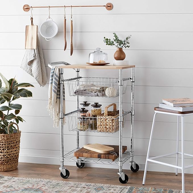 Amazon Basics 3-Tier Metal Basket Rolling Cart with Wood Top, Silver