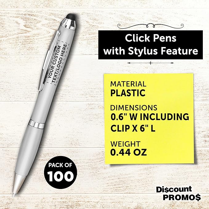 DISCOUNT PROMOS Custom Plastic Stylus Pens Set of 100, Personalized Bulk Pack - Black Ink, Great for Office, School, Business, Tradeshows, Events - Silver