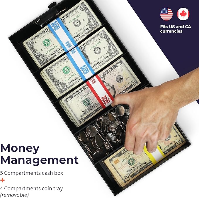 Volcora Cash Box Money Organizer - 15” x 7.5” x 4” Cashbox 5 Compartments Drawer Tray - Bills and Coin Slot with Combination Lock for POS Register, Kiosk, Retail, Personal and Business Use, Black