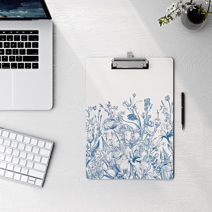 Clipboard Design Decorative Wood A4 Letter Size Clip Boards for Classroom Office, Standard Size 9" x 12.5" with Low Profile Metal Clip - Blue Flower