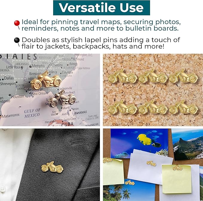 Motorcycle Push Pins - Gold Metal Motorcycle Pins - for Cork Board, Maps, or Lapel Pin Use - Designed in USA - Set of 4