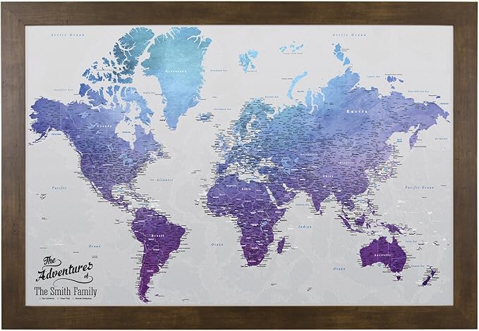 Canvas - Personalized Vibrant Violet World Push Pin Travel Map with Rustic Brown Frame
