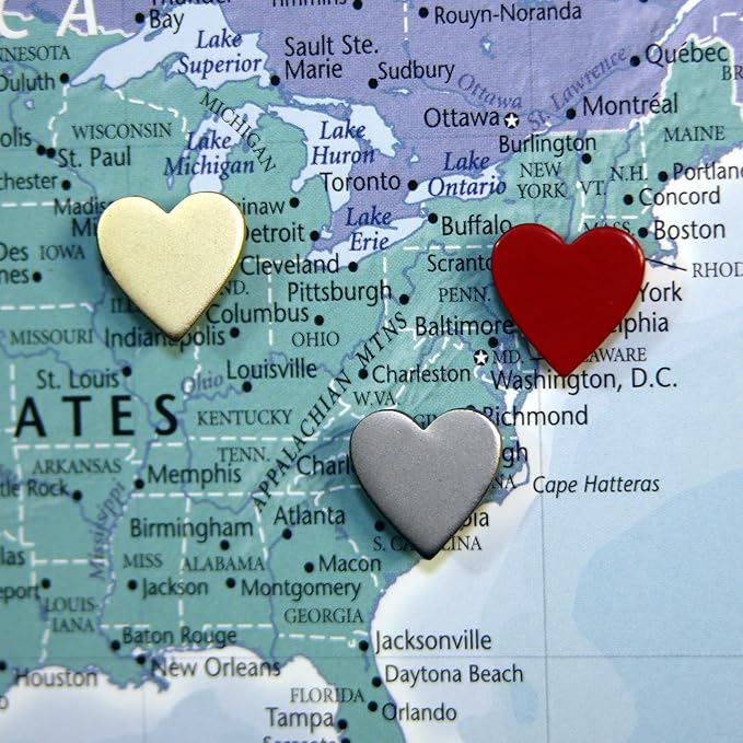 Big Gold Heart Push Pins - Large Gold Metal Heart Map Pins - for Cork Board, Maps, or Lapel Pin Use - Designed in USA - Set of 10