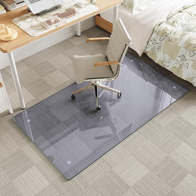 Tempered Glass Gray Chair Mat for Carpet & Hard Floor, 30"x55" Office Chair Mat - Heavy Duty & Scratch Resistant, Non-Slip Pads, Rounded Corners & Polished Edges