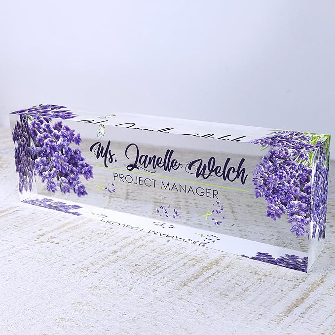 Artblox Personalized Name Plate for Desk | Lavender Design On Clear Acrylic Glass | Custom Desk Name Plate Personalized with Your Name and Credentials for Teacher Phd Military Office Name Plate