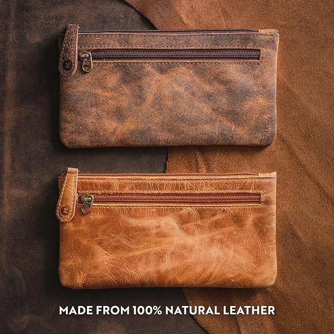 Moonster Leather Pencil Case Pouch 8" x 4" - Leather Pen Case with Zipper