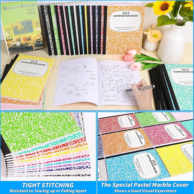 24 Pack Large Composition Notebooks Bulk 9.75 x 7.5 in Wide Ruled Composition Books 12 Color Assorted Marble Journal Notebook 60 Sheets per Book for Aldult Student College Office Back to School Supplies