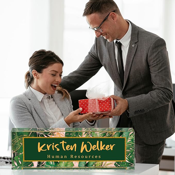 SalaGraphics Desk Name Plate, Custom for, Office Decor Women Men, Acrylic Accessories, Gifts Coworkers Boss Teacher, Employee Appreciation (Green Leaves), 8”(L)x2.5(W)