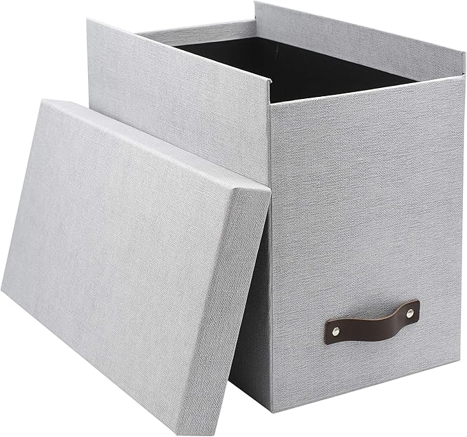 Bigso John Desktop File Box - Storage Solution and Document Organizer for Important Paperwork - Durable Hanging File Box with a Lid and Leather Handle - 7.36 in x 13.26 in x 10.51 in - Ash