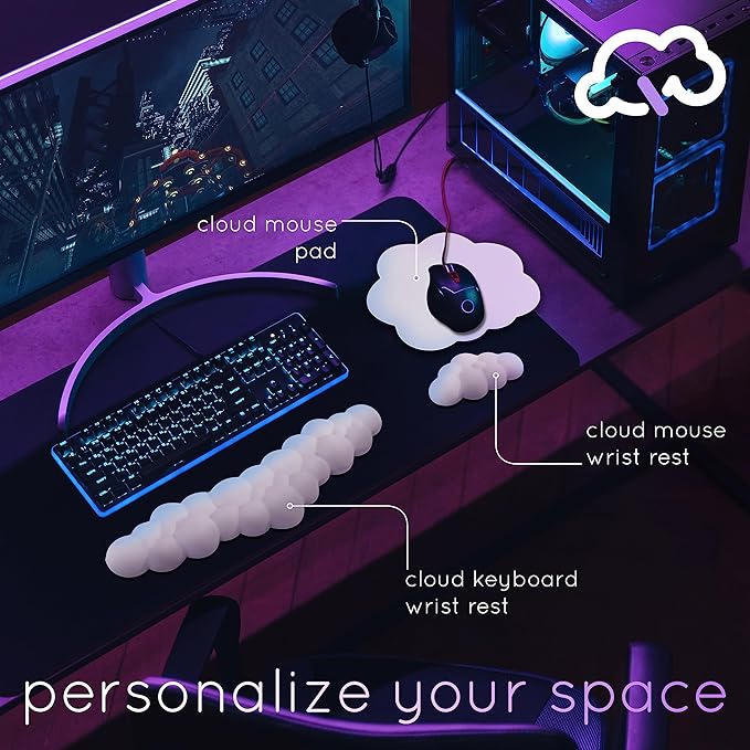 Qloud Cloud Wrist Rest Keyboard Wrist Rest for Computer Keyboard Pad, Cloud Keyboard Wrist Rest, Wrist Pad for Keyboard, Memory Foam, Non Slip Base, Comes with Mouse Pad - Soft Gray