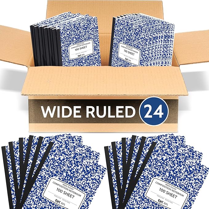 EPI 24 Pack - Blue Marble Composition Notebook - Wide Ruled 200 Page Note Book - 9.75 x 7.5 Inch Hardcover Journal with Sewn Binding for Secure Pages - Classroom Back To School Supplies