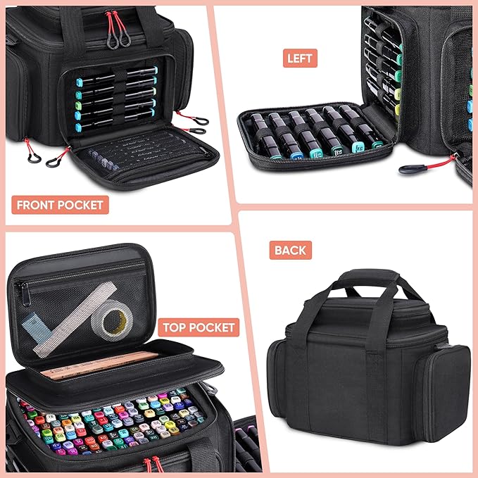 Large Marker Organizer Case for 200-300 Markers, Art Marker Storage Bag with Removable Dividers & 4 Pockets for Paint Markers, Shoulder Strap, Pencil Alcohol Marker Holder